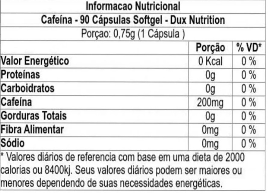 Cafeína Dux 60 cáps - tabela